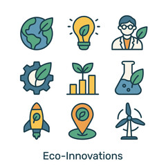 Eco-innovations icon set. Sustainable development and green technology icons, flat outline style