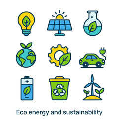 Flat vector icons of sustainable energy and ecology: green tech, recycling, electric car, solar, wind