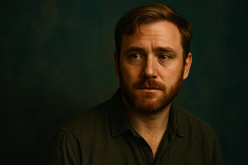 Obraz premium Dramatic and cinematic portrait of an adult man against a dark background, reflecting intense emotion.