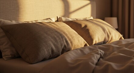 Golden Hour Sunlight on Textured Pillows and Crumpled Sheets A Cozy Bedroom Detail