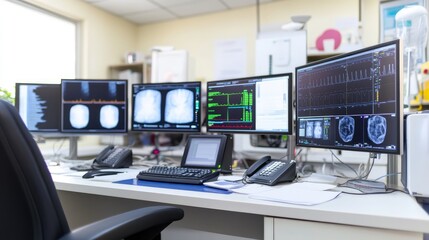 Advanced medical imaging workstation showcasing diagnostic scans and patient data