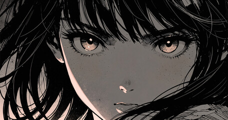 A serious anime girl with long dark hair and intense eyes looks straight ahead, her face lit softly, creating a dramatic and emotional mood
