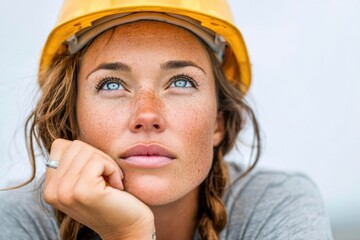 Female construction worker in yellow hard hat resting