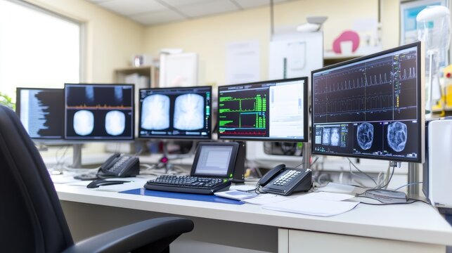 Advanced medical imaging workstation showcasing diagnostic scans and patient data - Powered by Adobe