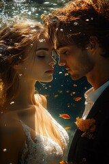 a bride in a flowing white gown and a groom in a sleek suit exchanging rings underwater, surrounded by coral and tropical fish, vibrant and magical setting