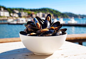 Portrait of fresh mussels in a bowl against a sunny harborside background with copy space