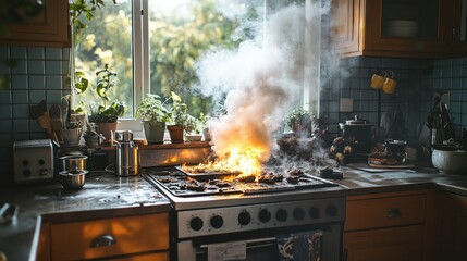 Kitchen fire, smoke billowing from stove