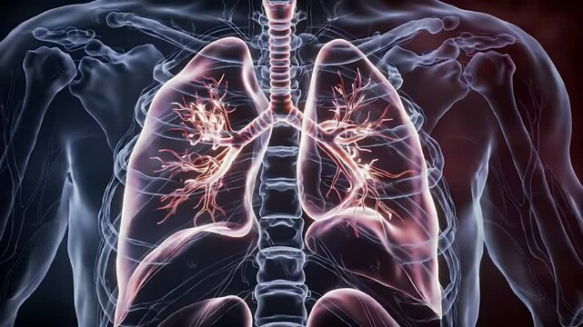 Detailed Anatomical Rendering of a Translucent Torso Featuring Lungs Trachea and Ribcage Against Dark Backdrop