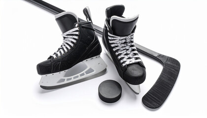  hockey stick , puck and hockey skating isolated white background