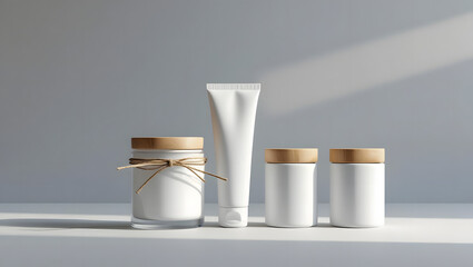 Minimalist arrangement of clean white cosmetic containers with natural wood lids and twine accent