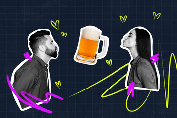 Composite 3d art pop image collage of two happy girl guy kiss together couple date celebration beer...