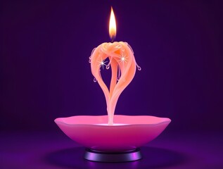 Melted Candle: Romantic, Glowing Wax Drips in Pink Bowl - Elegant Purple Background