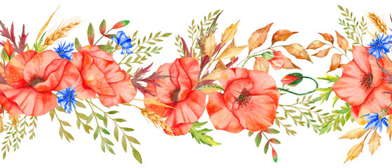 Seamless Poppy Garland with Flowers and Leaves. Botanical Seamless Horizontal  Background. Poppy Watercolor Illustration. Red Poppy Flower Design. Poppies garland seamless. Poppy Border Frame