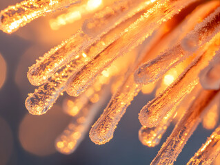 Close up macro shot of frosted pine needles illuminated by warm golden sunlight