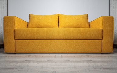 A modern yellow fabric sofa with two large cushions is placed in a bright, minimalistic living room...