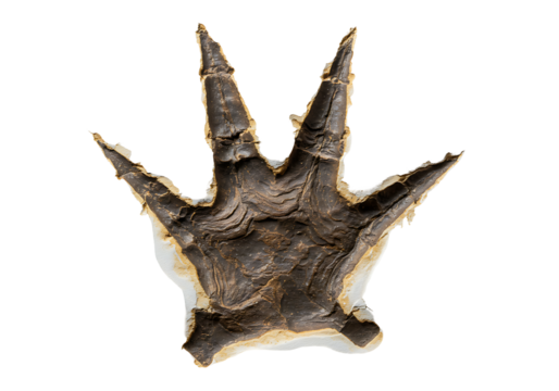 A dark brown fossilized dinosaur footprint with pointed toes set against a solid black background