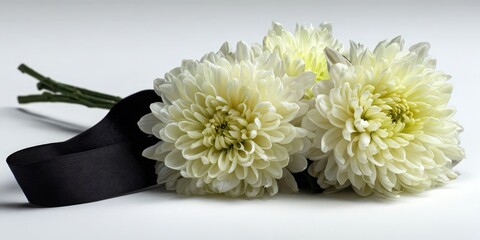 Elegant Chrysanthemum Flowers with Black Ribbon for Sympathy or Condolence Cards