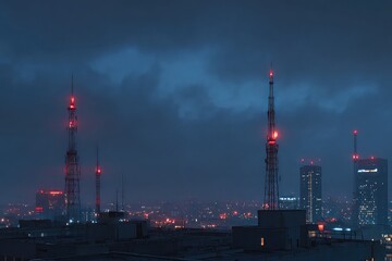 Cityscape at dusk with illuminated radio towers and distant lights