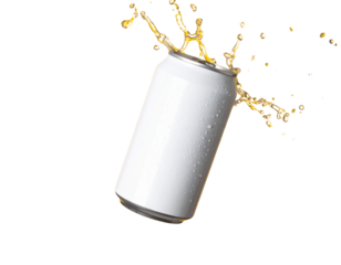 White Soda Can Mockup Floating with Water Splash on Bright Yellow Background PNG