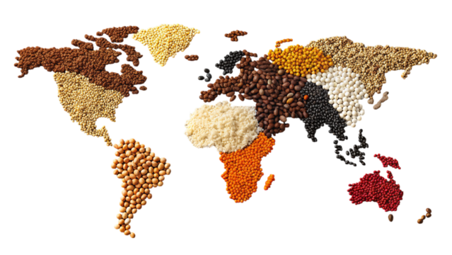 World map made of beans grains and pulses food art on transparent background