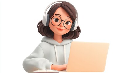 Charming 3D avatar of a cartoon female freelancer immersed in virtual learning on her laptop designed with a transparent background for seamless integration into digital projects.