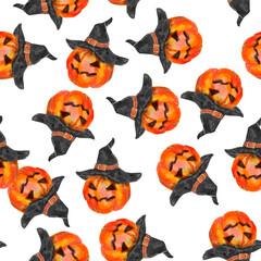Watercolor seamless pattern with Halloween pumpkin lantern isolated on white. Great for your Halloween design, vintage postcards, packaging, wrapping paper, holiday party, festive textile, wallpaper