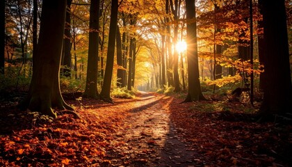 Fototapeta premium Forest path in autumn with falling leaves, backlit golden sunlight