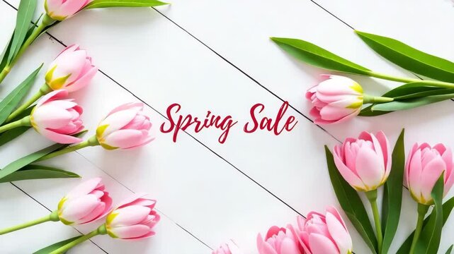 Spring sale promotion with pastel pink tulips arranged on white wooden background. Announce your spring sale with this beautiful floral design, featuring delicate blooms and fresh green leaves.
