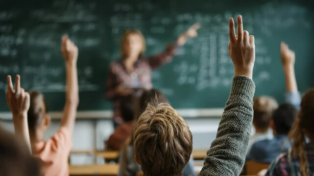 Children Raising Hands in Classroom During Lesson with Teacher at Chalkboard