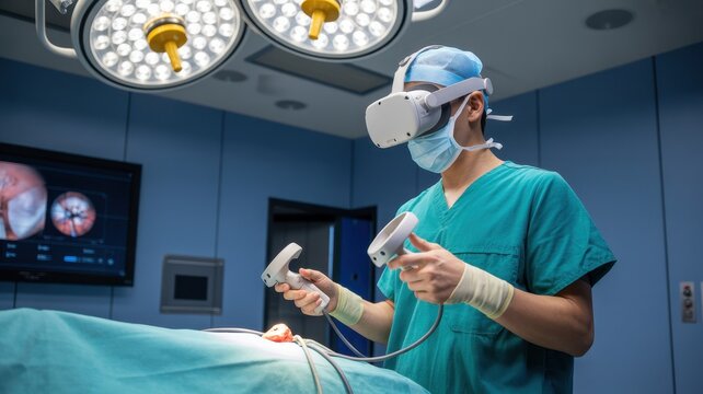 Surgeon using VR headset and controllers in operating room