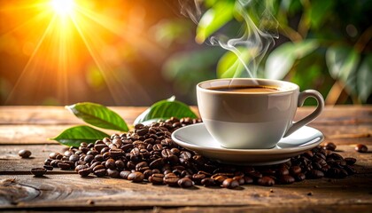 Freshly brewed coffee on a rustic wooden table, steam rising, macro shot, sharp focus
