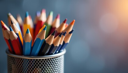 close up shot of pen cup with colored pencils and light bouncing off metal