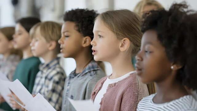 Diverse Group of Children Singing in Choir During Rehearsal at School