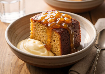 A warm slice of South African Malva Pudding with a glistening apricot jam glaze and creamy vanilla custard served in a rustic ceramic bowl.
