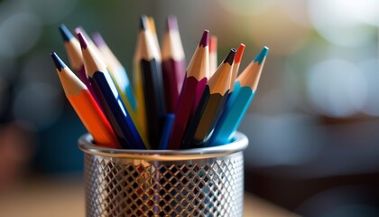 close up shot of pen cup with colored pencils and light bouncing off metal