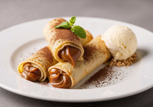 Elegant plate of Argentinian Panqueques filled with luscious dulce de leche, served with vanilla ice cream and dusted with cocoa powder.