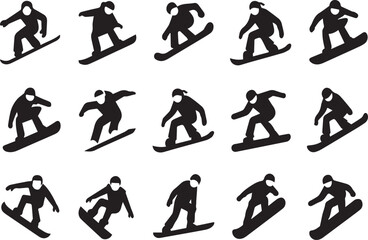 A set of different types of black snowboarder silhouette on a white background.