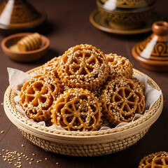 Traditional Moroccan Chebakia honey-glazed fried cookies with sesame seeds served in a woven basket, a popular Ramadan sweet.