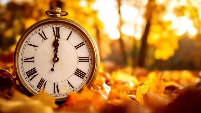 Golden pocket watch set among autumn leaves, blurred background