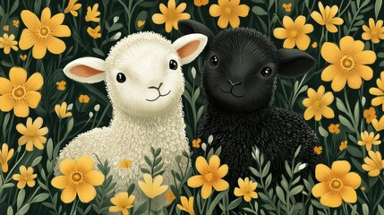 Charming Pair of Lambs Among Blooming Yellow Flowers Spring Meadow Artistic Illustration Sweet Pastoral Scene Cute Animal Portrait