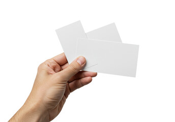Close-up of an adult caucasian hand, well-maintained, holding two blank white rectangular tickets on a seamless transparent background with copy space and high-key studio lighting, ready for design