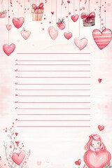 Cute pink letter template features hanging hearts and gifts, with lined section for writing. girl holding heart adds sweet touch to design. Perfect for love notes or special messages