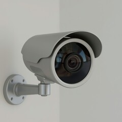 Modern surveillance camera mounted on a wall, neutral colors intended for security monitoring.