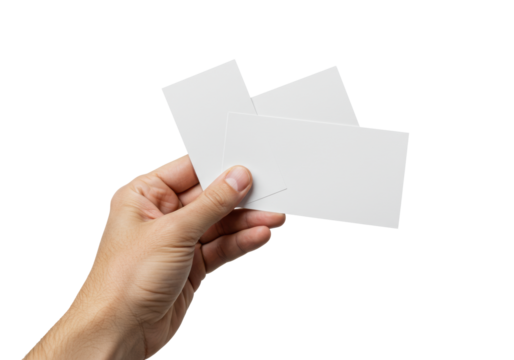 Close-up of an adult caucasian hand, well-maintained, holding two blank white rectangular tickets on a seamless transparent background with copy space and high-key studio lighting, ready for design