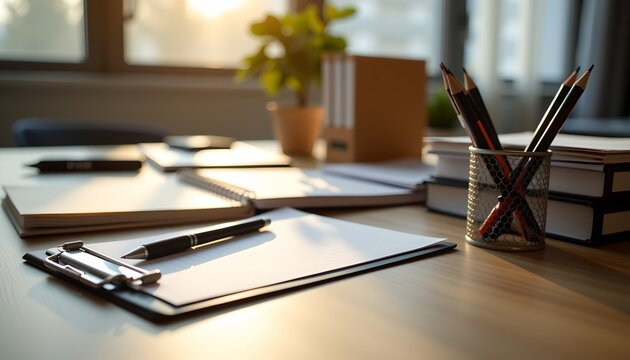 a modern, neatly organized office desk scene captured in a shallow depth of field, viewed from a low angle perspective
