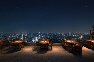 Rooftop dining experience under a starry night sky over a cityscape
