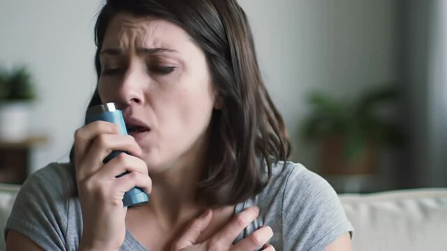 Anxious Brunette Woman Using Inhaler In Gray Top Indoors Under Natural Lighting For Urgent Respiratory Care Representing Health Anxiety