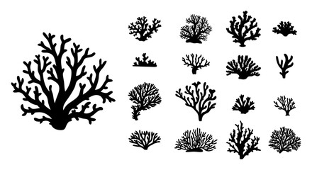 Set of coral silhouette vector illustrations. Includes various underwater coral shapes in black, perfect for ocean, marine life, and nature-themed design projects.