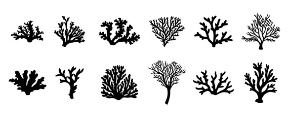 Set of coral silhouette vector illustrations. Includes various underwater coral shapes in black, perfect for ocean, marine life, and nature-themed design projects.