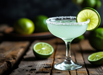 Fresh Margarita with Lime Slice, Side View on Wooden Surface, National Daiquiri Day concept